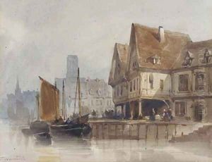 Fishing boats at a Continental quayside by Thomas Shotter Boys