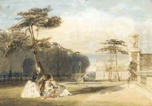 Figures in Van Dyke costume in the grounds of a chateau by Thomas Shotter Boys