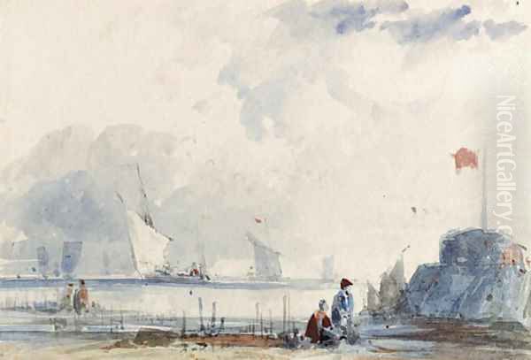 Shipping off the Normandy coast, with figures on the shore - view 1