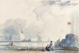 Shipping off the Normandy coast, with figures on the shore by Thomas Shotter Boys