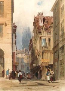 View in the Rue de la Tuile, Rouen, with the tower of St. Ouen in the distance, France