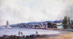 Stadtchen Mit Kirche An Einer Bucht Mitfischern Im Vordergrund Am Ufer Und Einem Segelschiff