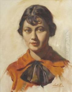 A Young Woman,head And Shoulders, Wearing Orange Blouse And Brown Bow by Edgar Woollatt