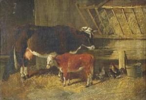 A Cow And Calf In A Barn by Henry Woollett