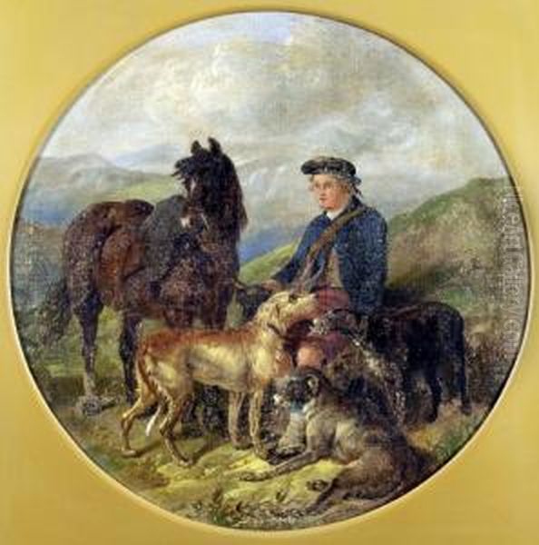 End Of Day, Scotsman, Wolfhounds And Horse In Landscape - view 1