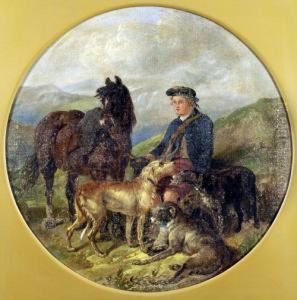 End Of Day, Scotsman, Wolfhounds And Horse In Landscape by Henry Woollett