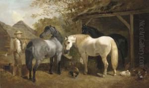 A Farmhand, Horses, Chickens And Ducks In A Farmyard by Henry Woollett