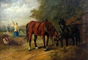 Haymaking, With Farm Horses And Cart Driver Resting
