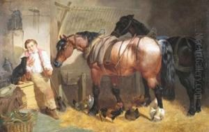 Stable Interior With A Groom, Horses And A Dog by Henry Charles Woollett