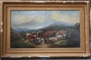 Highland View With Figures Herding And Driving Cattle And Sheep Along A Path by Henry Charles Woollett