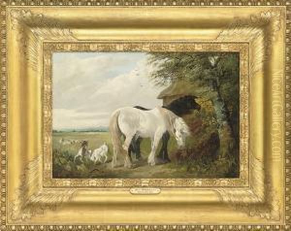 Horses And Chickens In A Farmyard; And Horses And Goats In Afield - view 1
