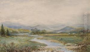 Figures And Sheep In Extensive Highland Landscape by Charles Nicholls Woolnoth