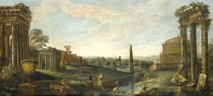 A Classical Landscape With Elegant Figures Amongst Ruins by John Wootton
