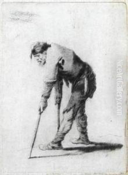 Beggar With Cap Leaning On Sticks To The Left - view 1