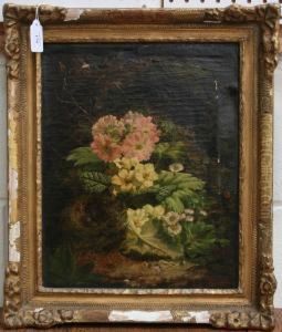 Still Life Study Of Primulas And Other Spring Flowers Beside A Bird's Nest Resting On The Mossy Ground by Thomas Worsey