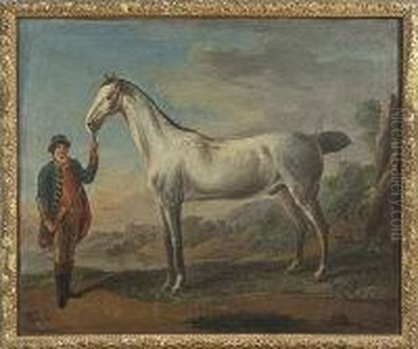 A Grey Arab Horse In A Landscape Held By A Groom In Library - view 1