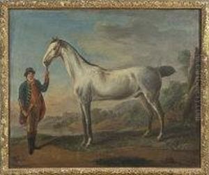 A Grey Arab Horse In A Landscape Held By A Groom In Library by John Wotton