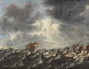 Schepen Op Woeste Zee Voor Een Rotskust by Claes Claesz. Wou