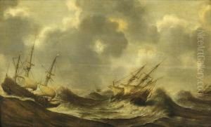 Three-masters In Rough Waters by Claes Claesz. Wou