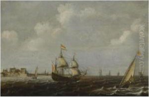 A Dutch Threemaster And Other Shipping In Choppy Waters, A View Offort Rammekens Off The Coast Of Vlissingen In The Background by Claes Claesz. Wou