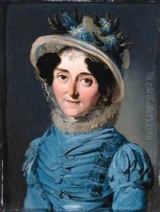Portrait of a lady, small bust-length, in a blue dress and a hat decorated with flowers