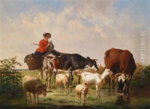 Hirtin Mit Ihrer Herde Am Heimweg by Edouard Woutermaertens