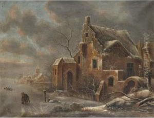 A Winter Landscape With A Skater Putting His Skates On Before A Cottage by C.J. Wouters