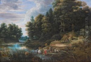 River Landscape With A Herder And A Woman Collecting Water by Frans Wouters