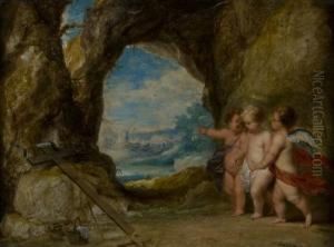 Gesu Bambino, San Giovannino E Un Angelo In Un Paesaggio Con Strumenti Della Passione