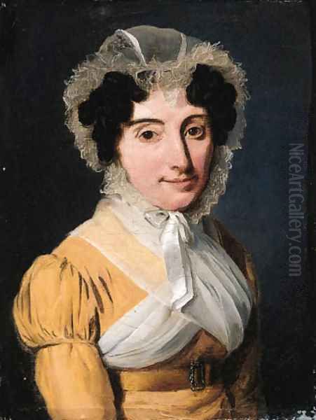 Portrait of a lady, small bust-length, in a yellow dress and a lace bonnet - view 1