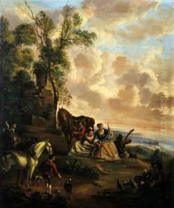 An Elegant Hunting Party Seated Before A Landscape At Dusk