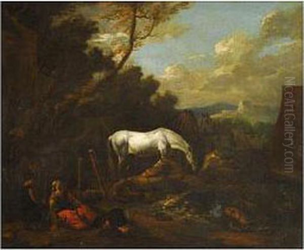Paisaje Con Figuras Y Caballo Blanco - view 1