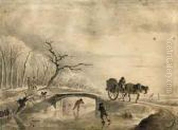 Travellers In A Winter Landscape, With Men Skating On A Frozenriver - view 1