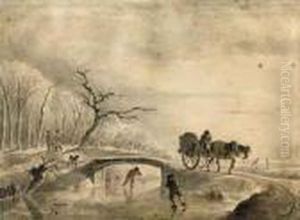Travellers In A Winter Landscape, With Men Skating On A Frozenriver Travellers In A Winter Landscape, With Men Skating On A Frozenriver