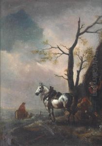Peasants Resting Outside A Cottage, Travellers Beyond by Pieter Wouwermans or Wouwerman