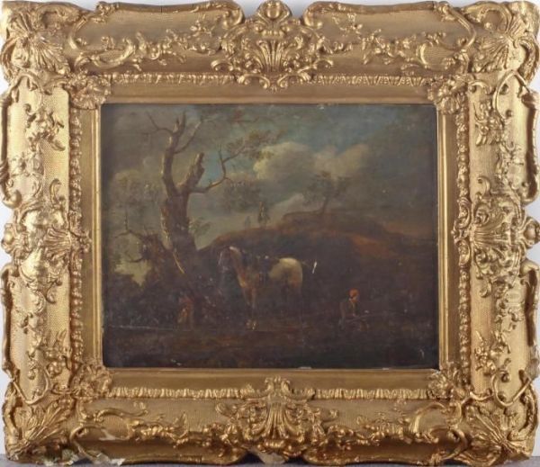 A Peasant Fishing With Grey Horse And Dogs In A Hilly Landscape - view 1