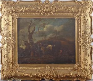 A Peasant Fishing With Grey Horse And Dogs In A Hilly Landscape by Pieter Wouwermans or Wouwerman