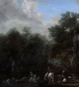 Pecheurs Et Cavaliers Se Baignant Dans Un Lac En Bordure De Foret by Pieter Wouwermans or Wouwerman