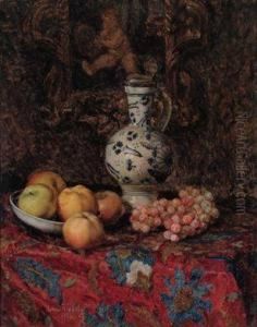 Stilleben Mit Fruchten Und Krug Auf Buntem Tuch by Anton Wrabetz