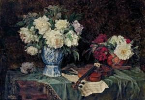 Stilleben Mit Pfingstrosen Und Geige by Anton Wrabetz