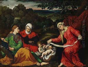 Rest on the Flight into Egypt with St. John the Baptist, St. Elizabeth and St. Catherine c.1545 by Paris Bordone