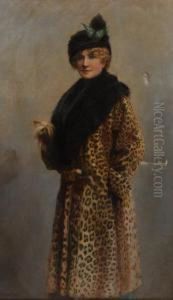 Full Length Portrait Of A Society Lady In Fur Hat And Coat Holdinga Lap Dog by Ethel Wright