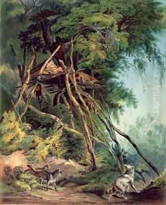 Tombs of Assiniboin Indians on Trees, plate 30 from volume 2 of `Travels in the Interior of North America, 1832-34' by Karl Bodmer