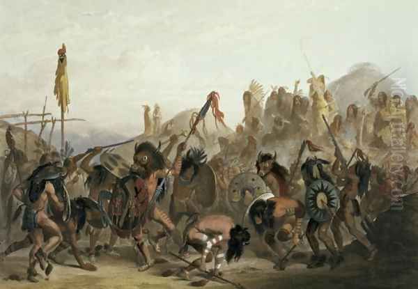 Bison-Dance of the Mandan Indians in front of their Medicine Lodge in Mih-Tutta-Hankush, plate 18 from Volume 2 of 'Travels in the Interior of North America', 1844 - view 1