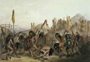 Bison-Dance of the Mandan Indians in front of their Medicine Lodge in Mih-Tutta-Hankush, plate 18 from Volume 2 of 'Travels in the Interior of North America', 1844 by Karl Bodmer