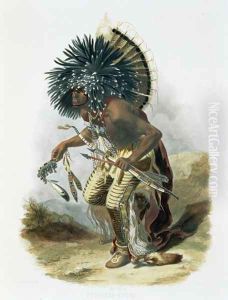 Pehriska-Ruhpa, Minatarre Warrior in the Costume of the Dog Dance, plate 23 from Volume 2 of 'Travels in the Interior of North America' 1844 by Karl Bodmer