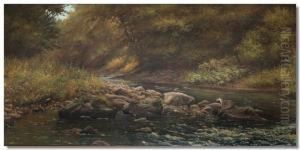 River Scene Amongst Woodland With An Otter by James Wright