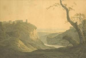 Italian River Landscape, With Classical Pavilion And Medieval Castle