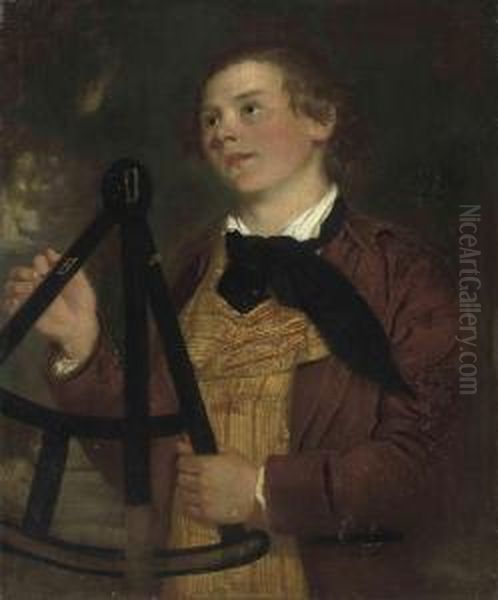 Portait Of A Gentleman, Traditionally Identified As John Adeyrepton, F.s.a. , Half-length, In Red Coat And Yellowwaistcoat With A Black Cravat, Holding A Surveyors Theodolite - view 1