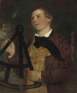 Portait Of A Gentleman, Traditionally Identified As John Adeyrepton, F.s.a. , Half-length, In Red Coat And Yellowwaistcoat With A Black Cravat, Holding A Surveyors Theodolite by Josepf Wright Of Derby